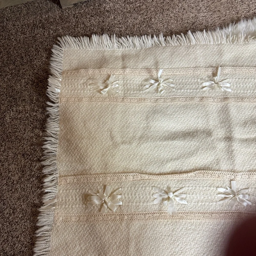 Irish baby blanket by Branigan Weavers Cream color with lace and satin bows